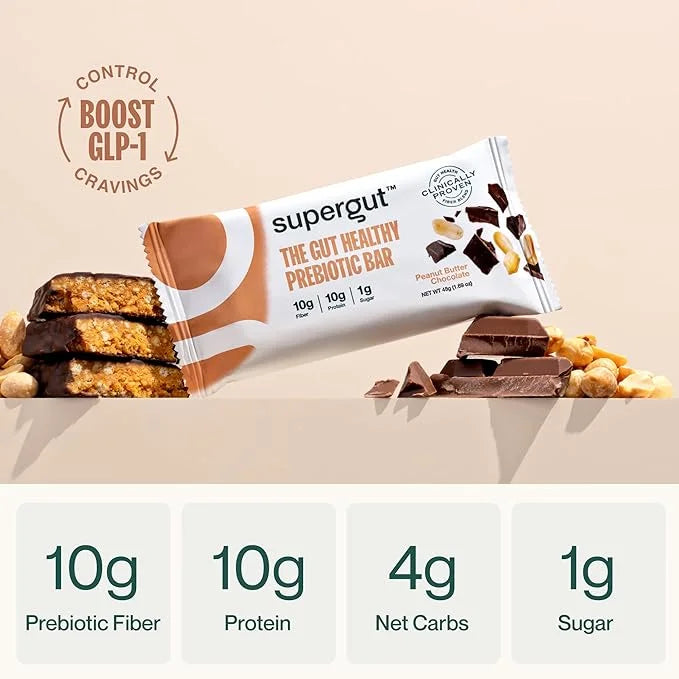 Supergut GLP-1 Boosting Prebiotic Bars, Peanut Butter Chocolate - Gut Healthy Protein Snacks & Breakfast Bars - Keto-Frien...