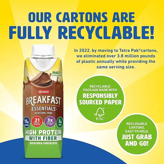 Carnation Breakfast Essentials High Protein with Fiber Ready-to-Drink, 8 FL OZ Carton, Rich Milk Chocolate (Pack of 24) (P...