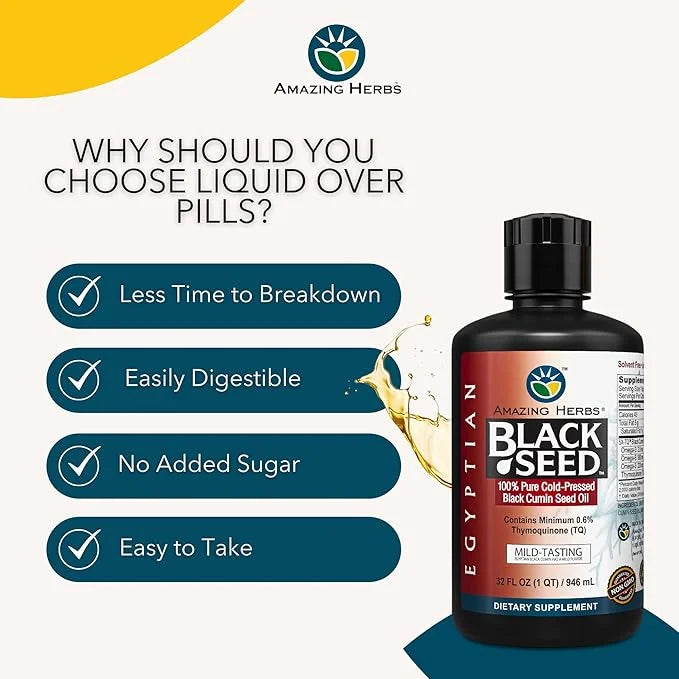 Amazing Herbs Egyptian Black Seed Oil - Gluten Free, Non GMO, Cold Pressed Nigella Sativa Aids in Digestive Health, Immune...
