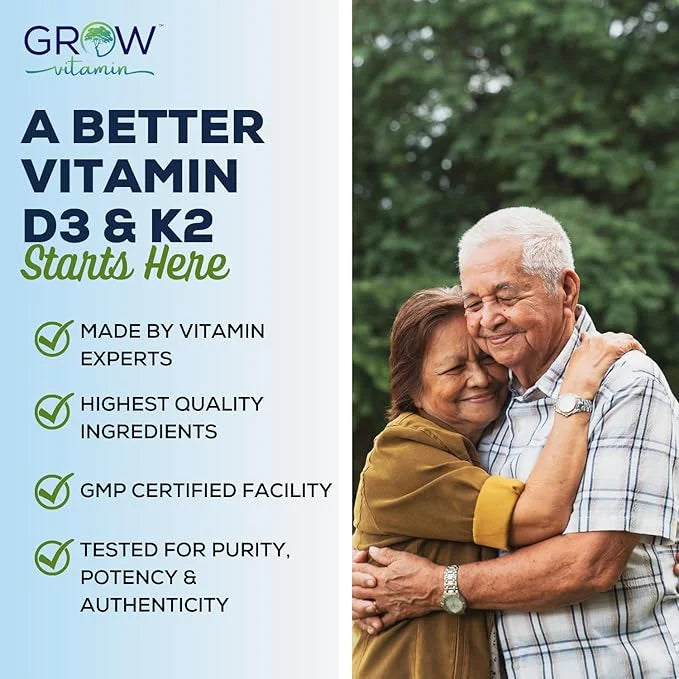 grow vitamin D3 K2 w/MCT Oil - 10,000 IU D3, 100 mcg K2 MK7, Calcium, Zinc, BioPerine, Magnesium for Superior Absorption -...