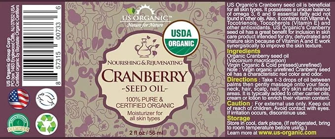 US Organic Cranberry Seed Oil, USDA Certified Organic,100% Pure & Natural, Cold Pressed Virgin, Unrefined in Amber Glass B...