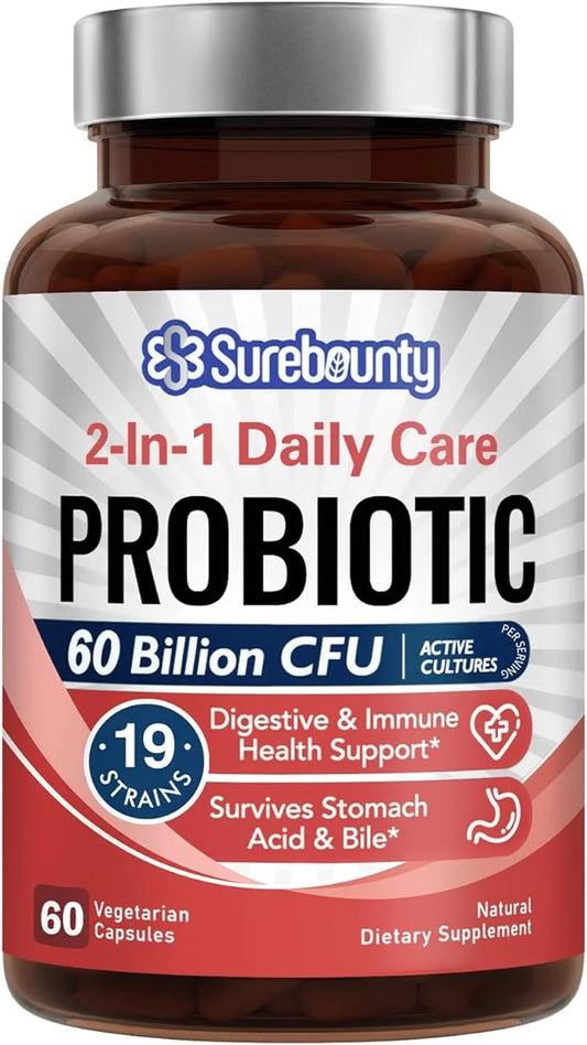 Probiotics 60 Billion CFU 19 Strains 100mg Prebiotic, 2-in-1 Daily 60 Veggie