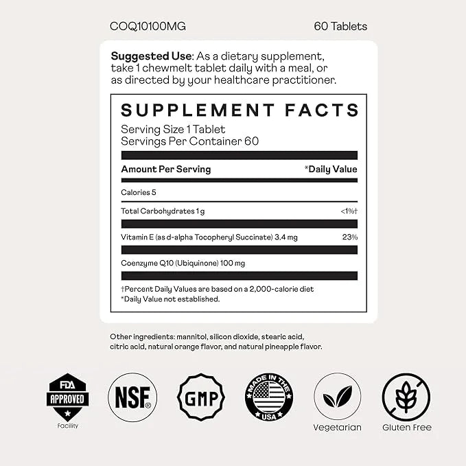 COQ10 100mg and Vitamin E Chewable Tablets 60 Count,