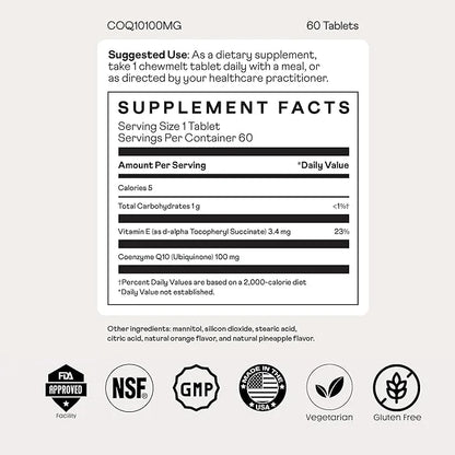 COQ10 100mg and Vitamin E Chewable Tablets 60 Count,