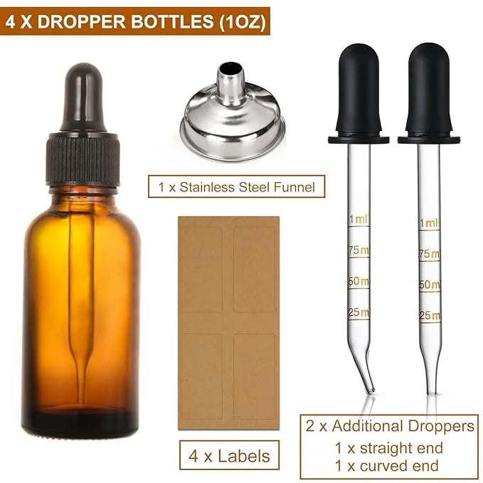 4 Pack, 1 oz Amber Glass Dropper Bottles Plus 2pcs Graduated Calibrated Glass Pipettes (1ml)- 30ml Dark Brown Tincture Bot...