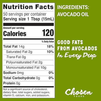 Chosen Foods 100% Pure Avocado Oil for Cooking - 25.4 floz - Rich in Good Fats, Vitamin E, Naturally Refined, High Smoke P...