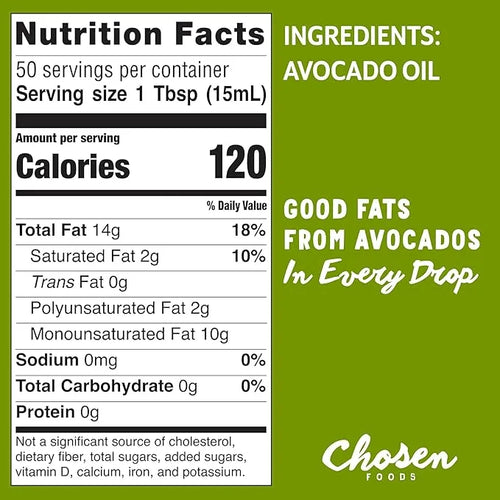 Chosen Foods 100% Pure Avocado Oil for Cooking - 25.4 floz - Rich in Good Fats, Vitamin E, Naturally Refined, High Smoke P...