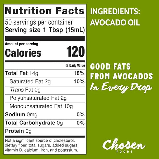 Chosen Foods 100% Pure Avocado Oil for Cooking - 25.4 floz - Rich in Good Fats, Vitamin E, Naturally Refined, High Smoke P...