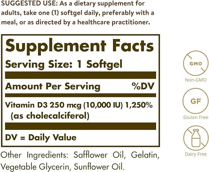 Solgar Vitamin D3 (Cholecalciferol) 250 MCG (10,000 IU), 120 Softgels 120 Servings