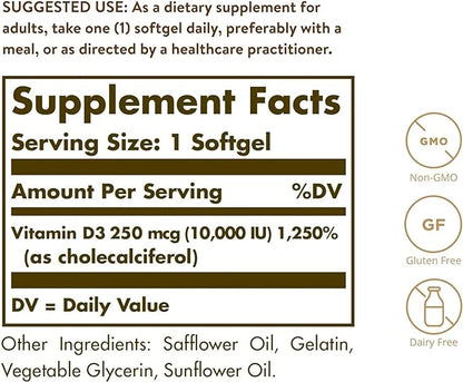 Solgar Vitamin D3 (Cholecalciferol) 250 MCG (10,000 IU), 120 Softgels 120 Servings