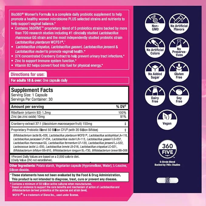 Women's Probiotic Supplement, Digestive, Immune, Vaginal 15 Diverse 50 Billion 37X Cranberry D3, 30CT 30CT (2 (2 Pack)