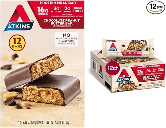 Atkins Chocolate Peanut Butter & Chocolate Chip Granola Protein Meal Bars, High Fiber, 16-17g Protein, 1-2g Sugar, 3g Net ...