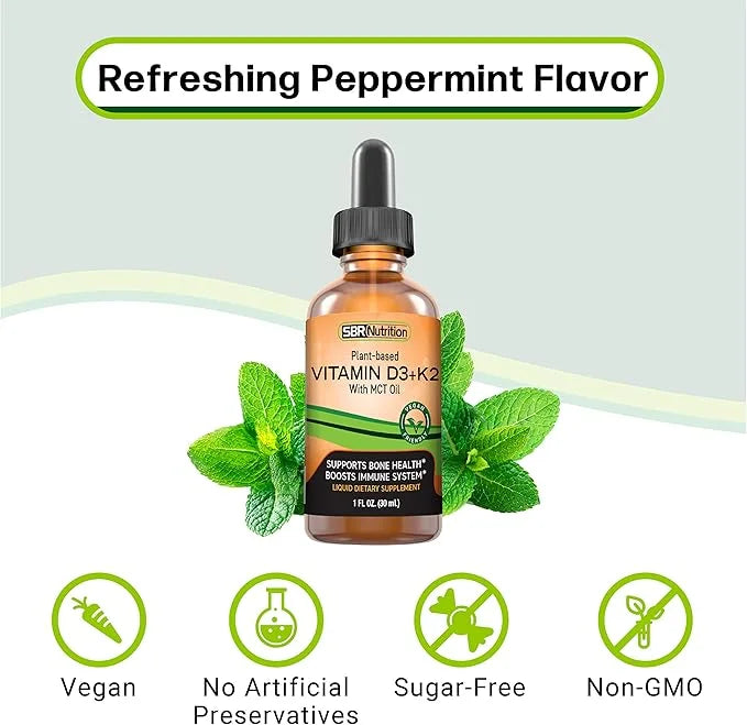 Vegan Vitamin D3 + K2 (MK-7) Liquid Drops with MCT Oil, Peppermint Flavor, Helps Support Strong Bones and Healthy Heart - ...