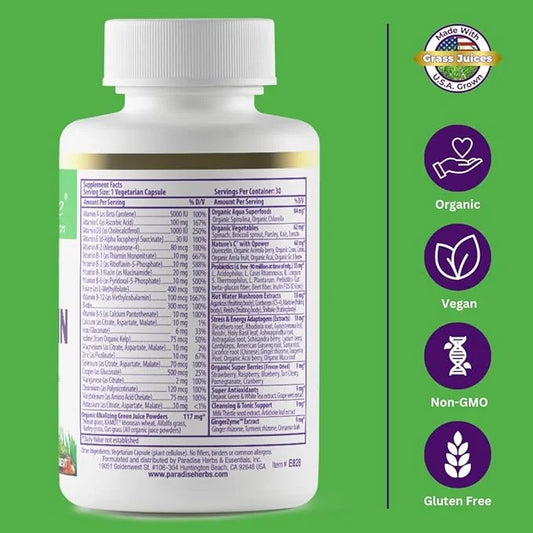 Paradise Herbs Earth's Blend Women's One Daily Multivitamin with Iron, 48 Organic Superfoods, Probiotics, Antioxidants, Vi...