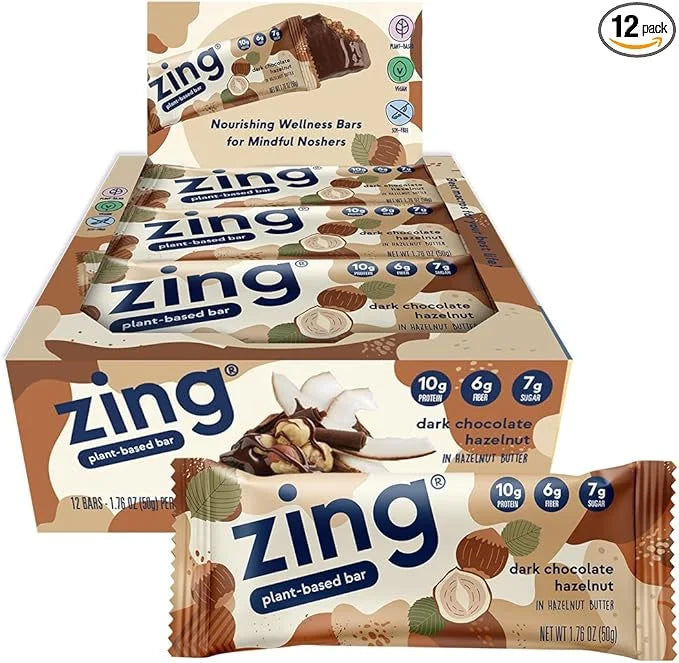 Zing Dark Chocolate Hazelnut Vegan Protein Bars, Gluten Free with High Protein, High Fiber, Dairy Free Nutrition Bars, Pla...