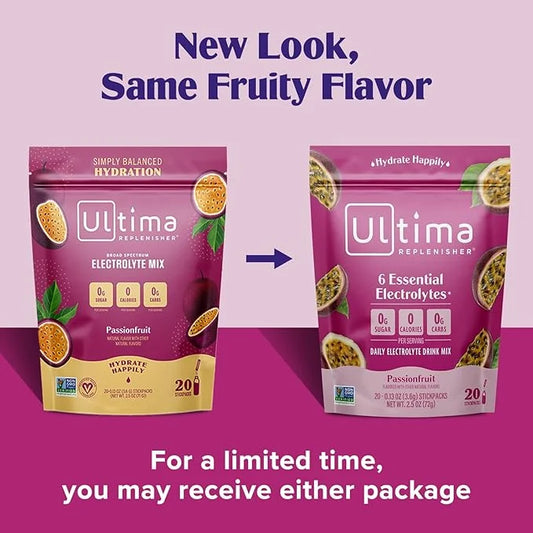 Ultima Replenisher Daily Electrolyte Powder Drink Mix – Passionfruit, 20 Stickpacks – Hydration Packets with 6 Electrolyte...