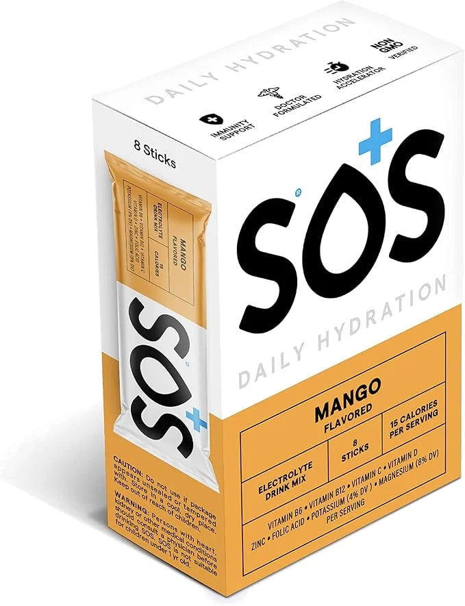 SOS Hydration Electrolyte Powder Packets, Mango Flavor, 8 Stick Packs – Low-Calorie, Rapid Rehydration, Made in USA, Keto ...