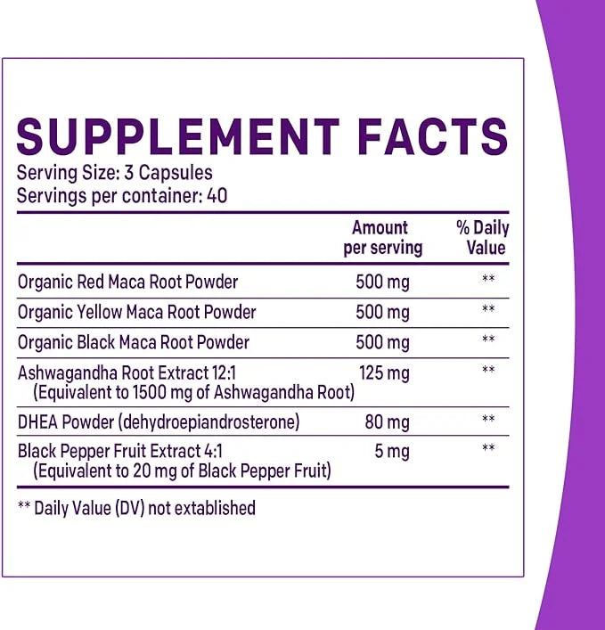 6-in-1 Organic Maca Root & Ashwagandha 1710mg w/DHEA Supplement,120 Capsules (40 Servings)