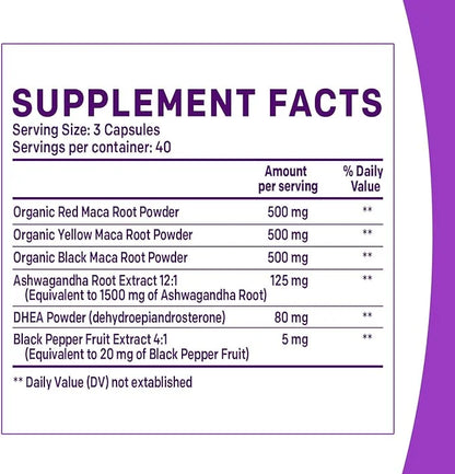 6-in-1 Organic Maca Root & Ashwagandha 1710mg w/DHEA Supplement,120 Capsules (40 Servings)