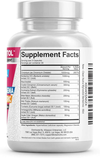 Clean Nutra Berberine Inositol Supplement with Ceylon Cinnamon, Bitter Melon, Gynema Sylvestre, Milk Thistle, Turmeric - 9...