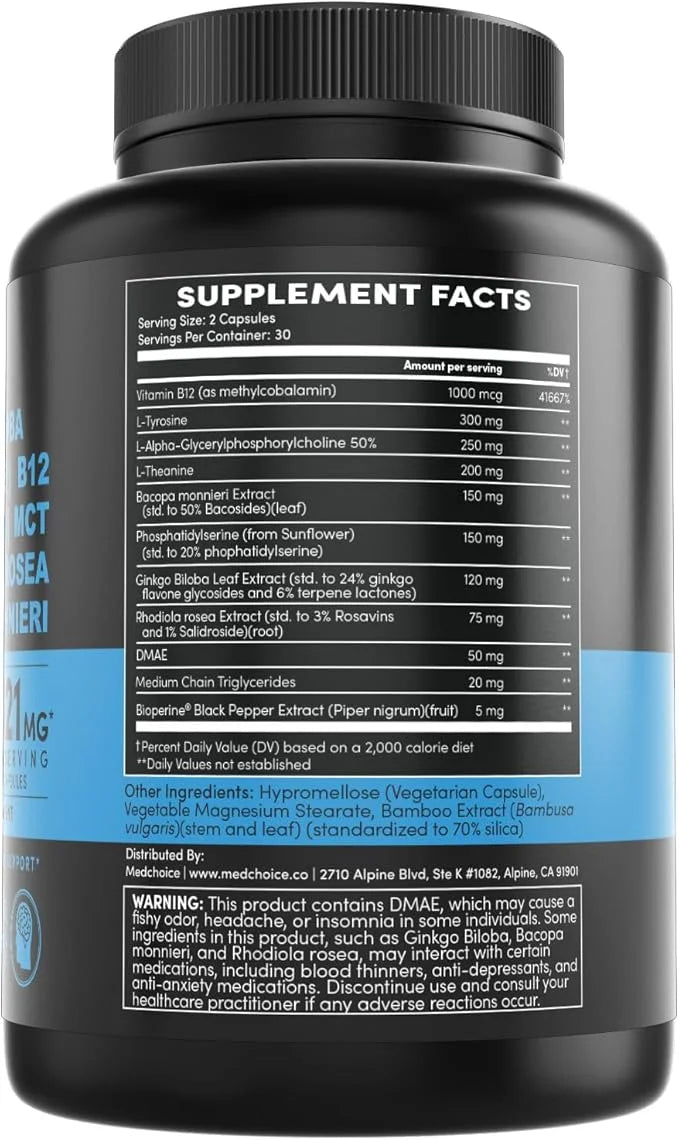 12-in-1 Nootropic Brain Supplement Anhydrous: Ginkgo Biloba for Brain Support, Memory and Focus - B12, Alpha GPC, L Theani...