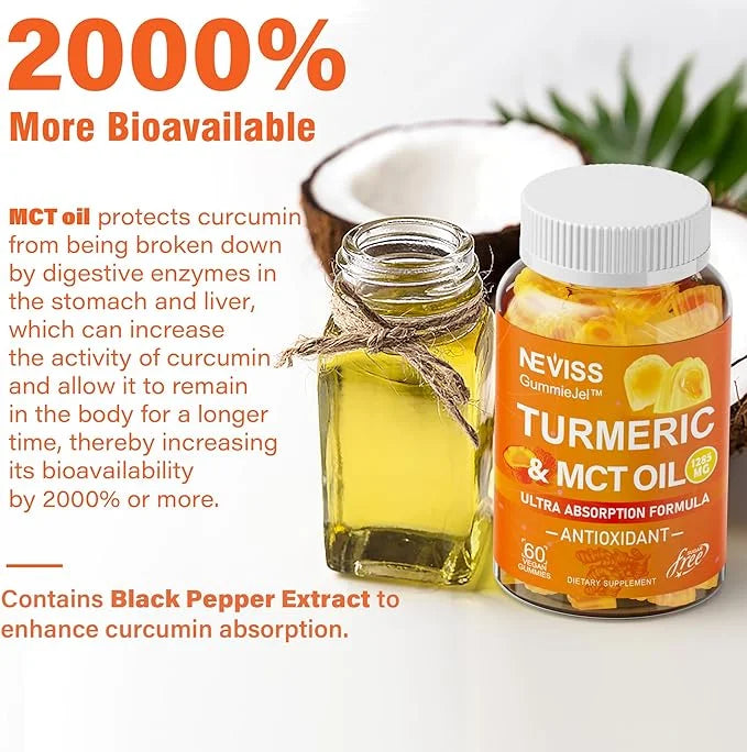 Turmeric Gummies 1000mg w/MCT Oil C8 C10, Organic Antioxidant, Sugar Free Turmeric Curcumin Supplement + Black Pepper Extr...