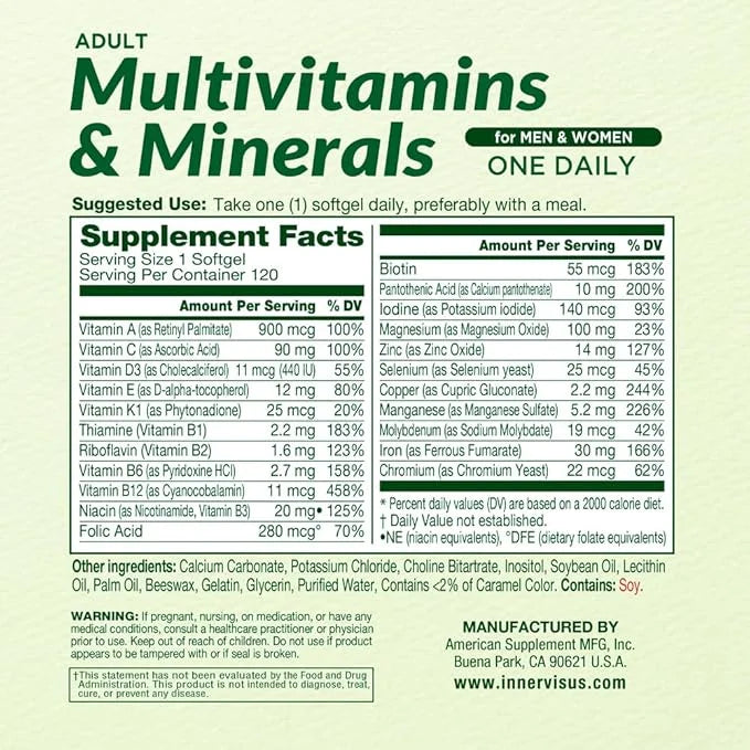 Adult Multivitamins & Minerals for Men and Women Immune Support Antioxidant Overall Health 120 Softgels Supplement - Produ...