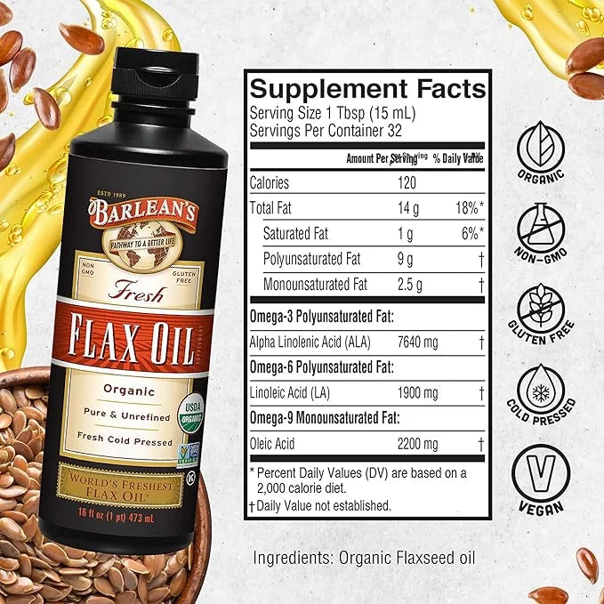 Barlean's Organic Flaxseed Oil Liquid from Cold Pressed Flax Seeds, 7,640mg ALA Omega 3 Fatty Acid Supplement for Joint an...