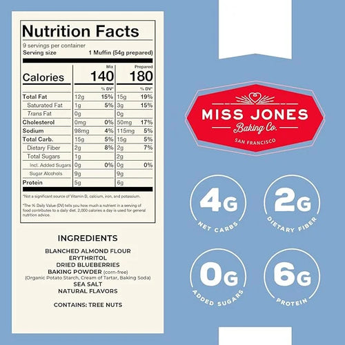 Miss Jones Baking Blueberry Muffin Mix - Almond Flour, Gluten Free, Low Carb, No Sugar Added, Naturally Sweetened Desserts...