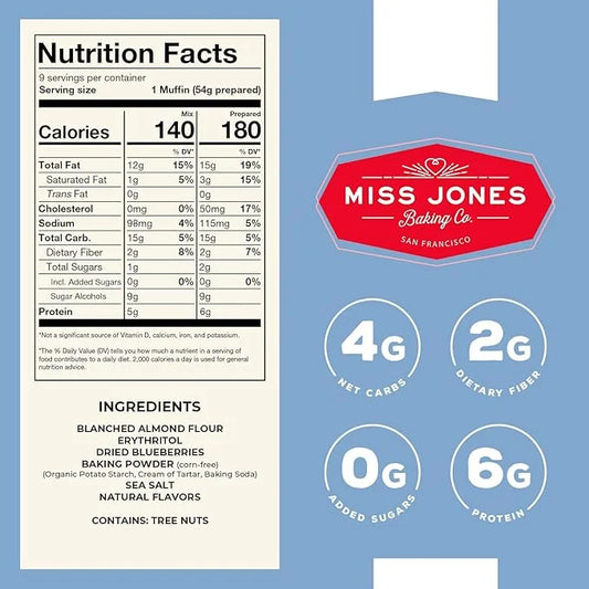 Miss Jones Baking Blueberry Muffin Mix - Almond Flour, Gluten Free, Low Carb, No Sugar Added, Naturally Sweetened Desserts...