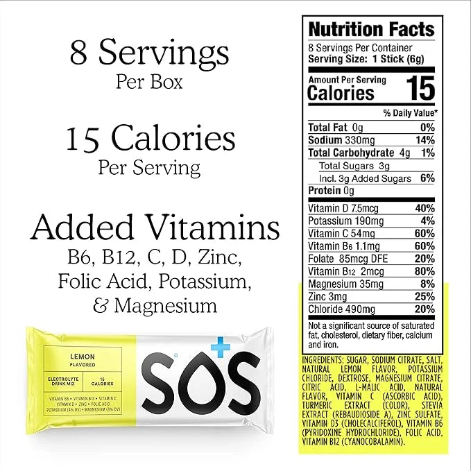SOS Hydration Electrolyte Powder Packets, Lemon Flavor, 8 Stick Packs – Low-Calorie, Zero Sugar, Rapid Rehydration, Made i...