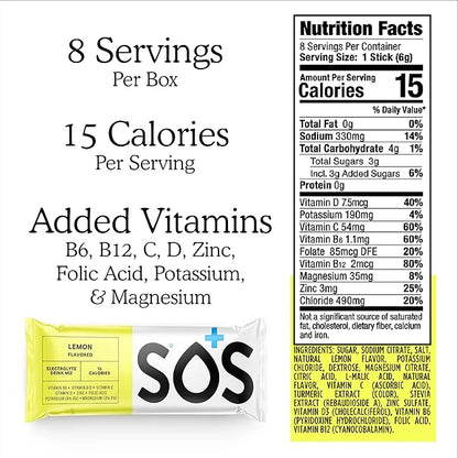 SOS Hydration Electrolyte Powder Packets, Lemon Flavor, 8 Stick Packs – Low-Calorie, Zero Sugar, Rapid Rehydration, Made i...