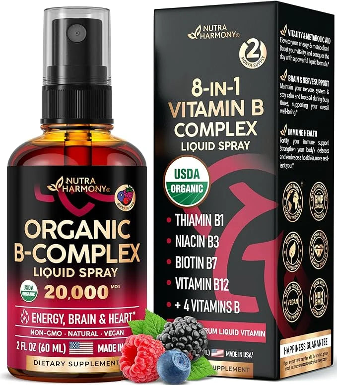 USDA Organic Vitamin B-Complex Liquid Spray 8-in-1 B5 Pantothenic B12 Methylcobalamin B1 Thiamine B6 Pyridoxine B7 Biotin ...
