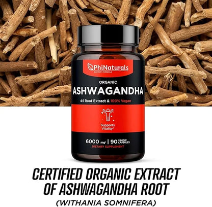 Ashwagandha Root Extract Capsules (Organic) Equivalent 6000 mg 1500 mg 500 mg 90 Count