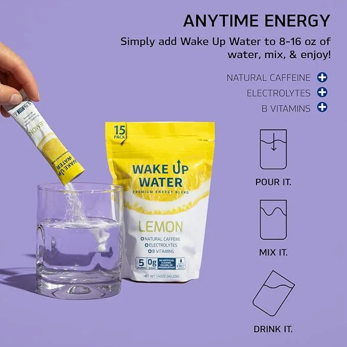 Wake Up Water - Energy + Hydration Sugar Free 15 Packet, Lemon Flavor - Energy Drink Powder, Electrolytes Powder Drink, Na...