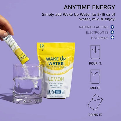 Wake Up Water - Energy + Hydration Sugar Free 15 Packet, Lemon Flavor - Energy Drink Powder, Electrolytes Powder Drink, Na...