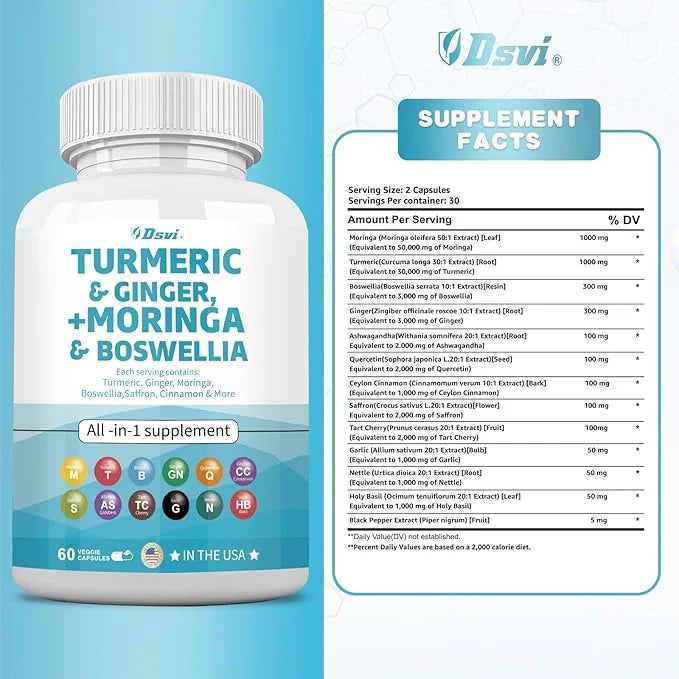 60 Capsules Turmeric Curcumin 30000mg Ginger 3000mg Moringa 50000mg Boswellia 3000mg Saffron 2000mg Joint