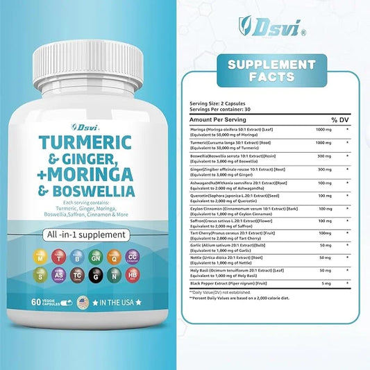60 Capsules Turmeric Curcumin 30000mg Ginger 3000mg Moringa 50000mg Boswellia 3000mg Saffron 2000mg Joint