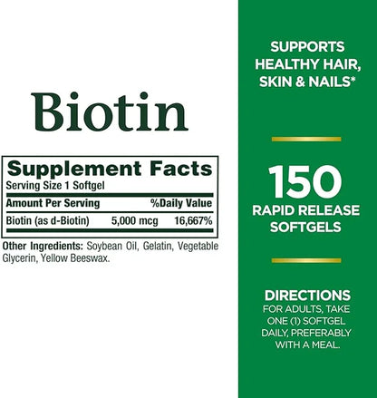 Nature's Bounty Biotin, Vitamin Supplement, Supports 5000 mcg, 150 Softgels