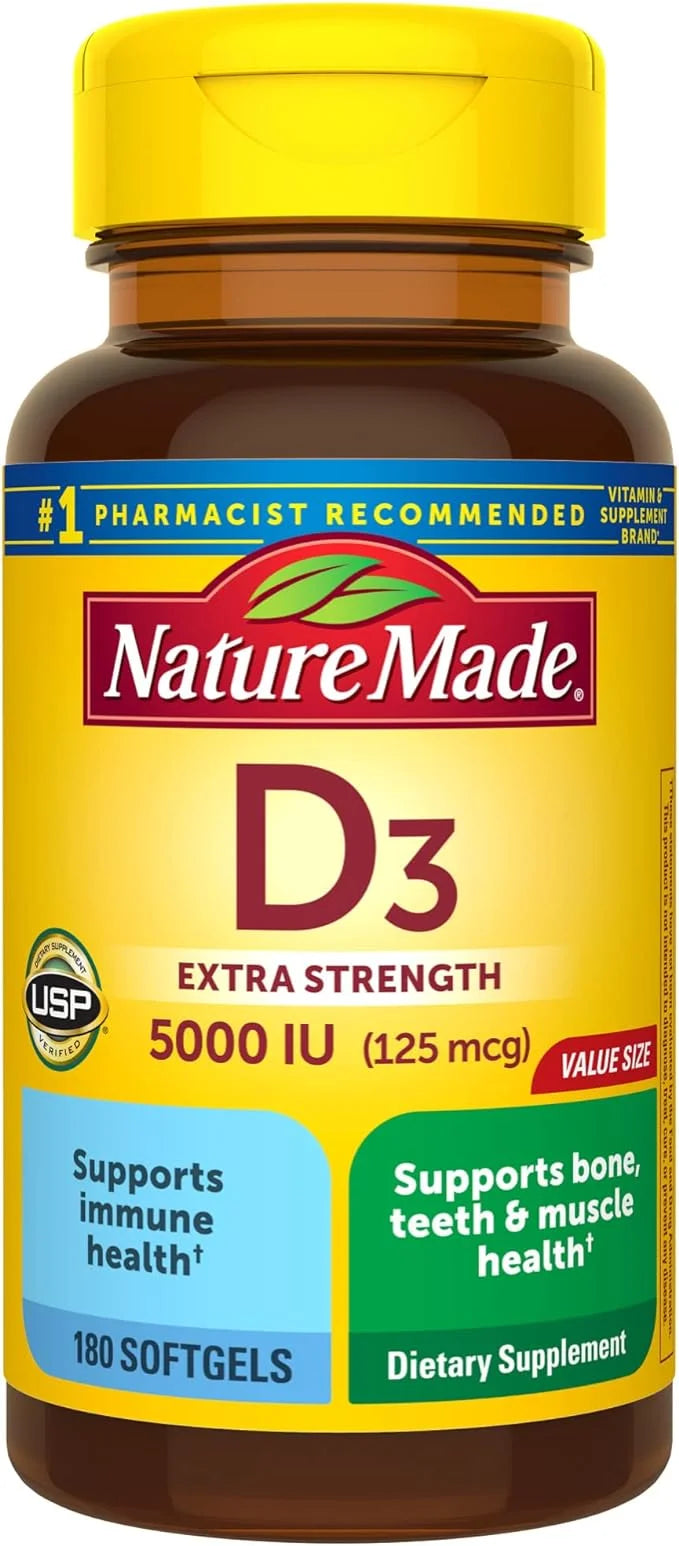 Nature Made Extra Strength Vitamin D3 5000 IU (125 mcg), 180 Softgels, 180 Day