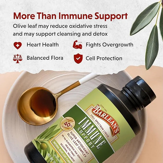Barlean's Olive Leaf Complex Liquid Immune Support Supplement with 95mg Oleuropein Antioxidants, 8 Ounce - Product Image