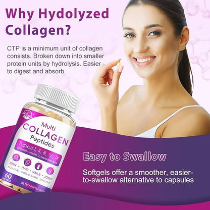 Multi Collagen Peptides Softgel - Type I, II, III, V, X - Hydrolyzed Collagen Peptides with Biotin, Vitamin C, Hyaluronic ...