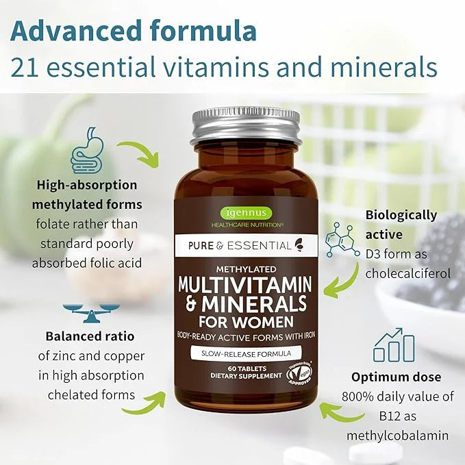 Igennus Methylated Women's Multivitamin, Methylated Folate for MTHFR, Clean Label & Sustained Release, with Iron, Non-GMO,...