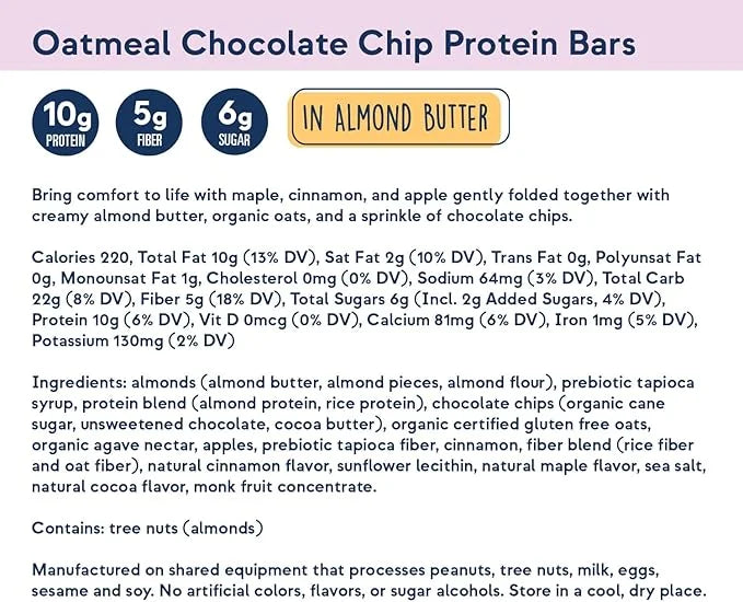 Zing Oatmeal Chocolate Chip Vegan Protein Bars, Gluten Free with High Protein, High Fiber, Dairy Free Nutrition Bars, Plan...