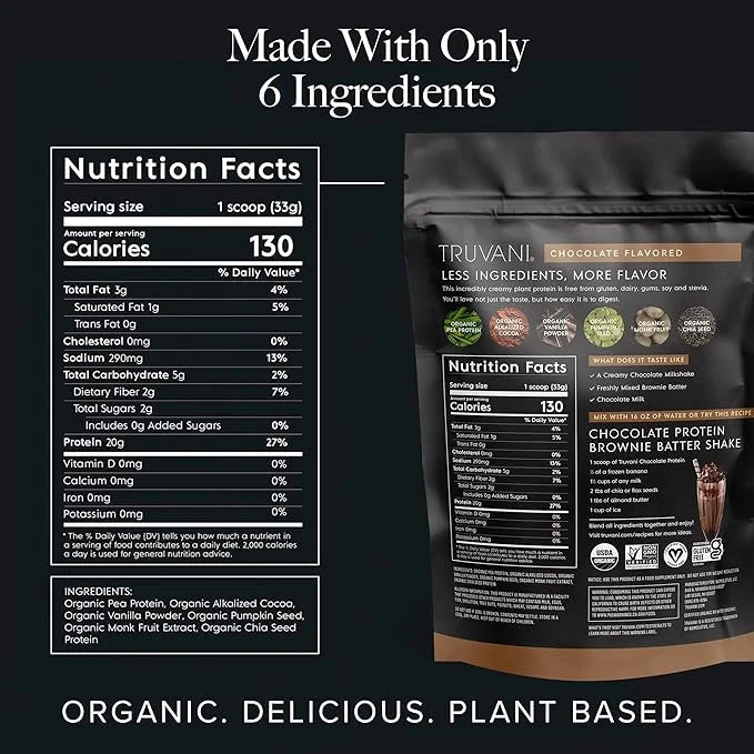 Truvani Vegan Pea Protein Powder | Chocolate | 20g Organic Plant Based Protein | 10 Servings | Keto | Gluten & Dairy Free ...