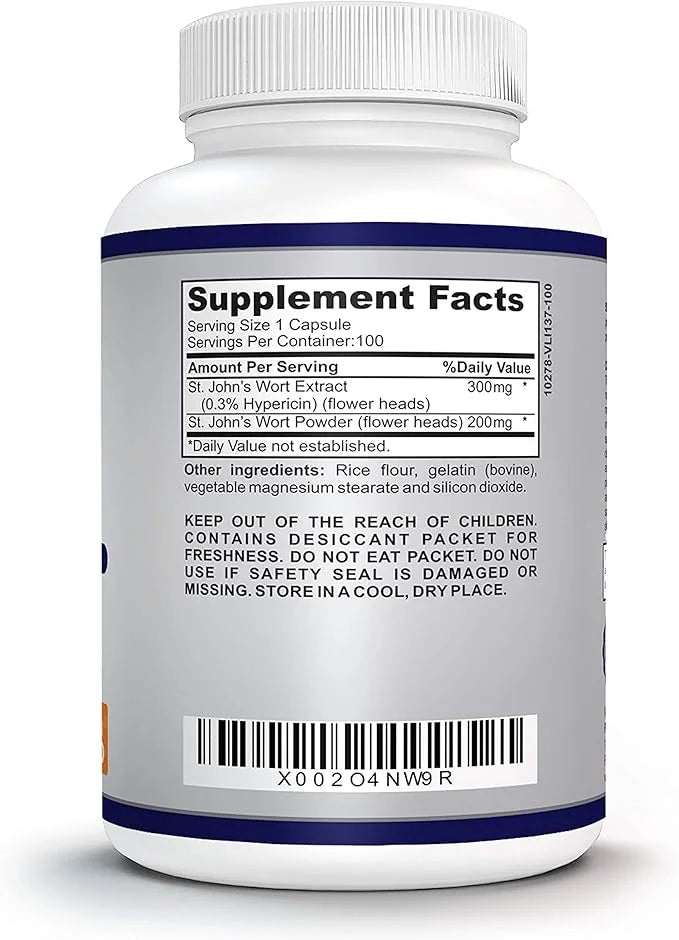 St. John's Wort 500mg (Capsules), Positive 100 Non-GMO 100-day Supply