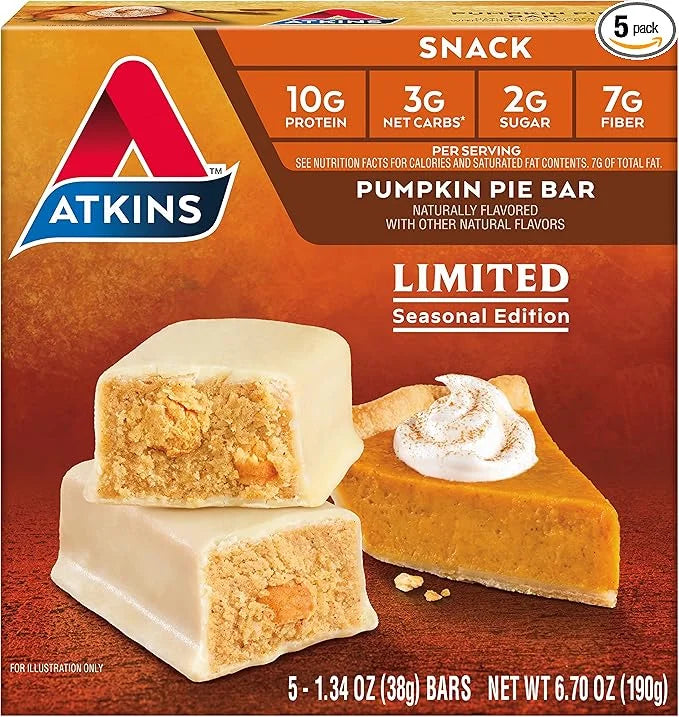 Atkins Pumpkin Pie Snack Bar, 10g Protein, 3g Net Carbs, 2g Sugar, High Fiber, 5 Count - Product Image