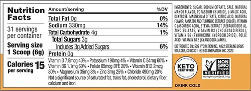 SOS Hydration Electrolyte Powder, Mango Flavor, 31 Servings – Low-Calorie Rapid Rehydration, Made in USA, Keto & Vegan Fri...