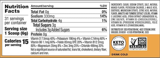 SOS Hydration Electrolyte Powder, Mango Flavor, 31 Servings – Low-Calorie Rapid Rehydration, Made in USA, Keto & Vegan Fri...