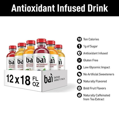 Bai Flavored Water, Safari Variety Pack, Antioxidant Infused Drinks, 3 Each of Brasilia Blueberry, Costa Rica Clementine, ...